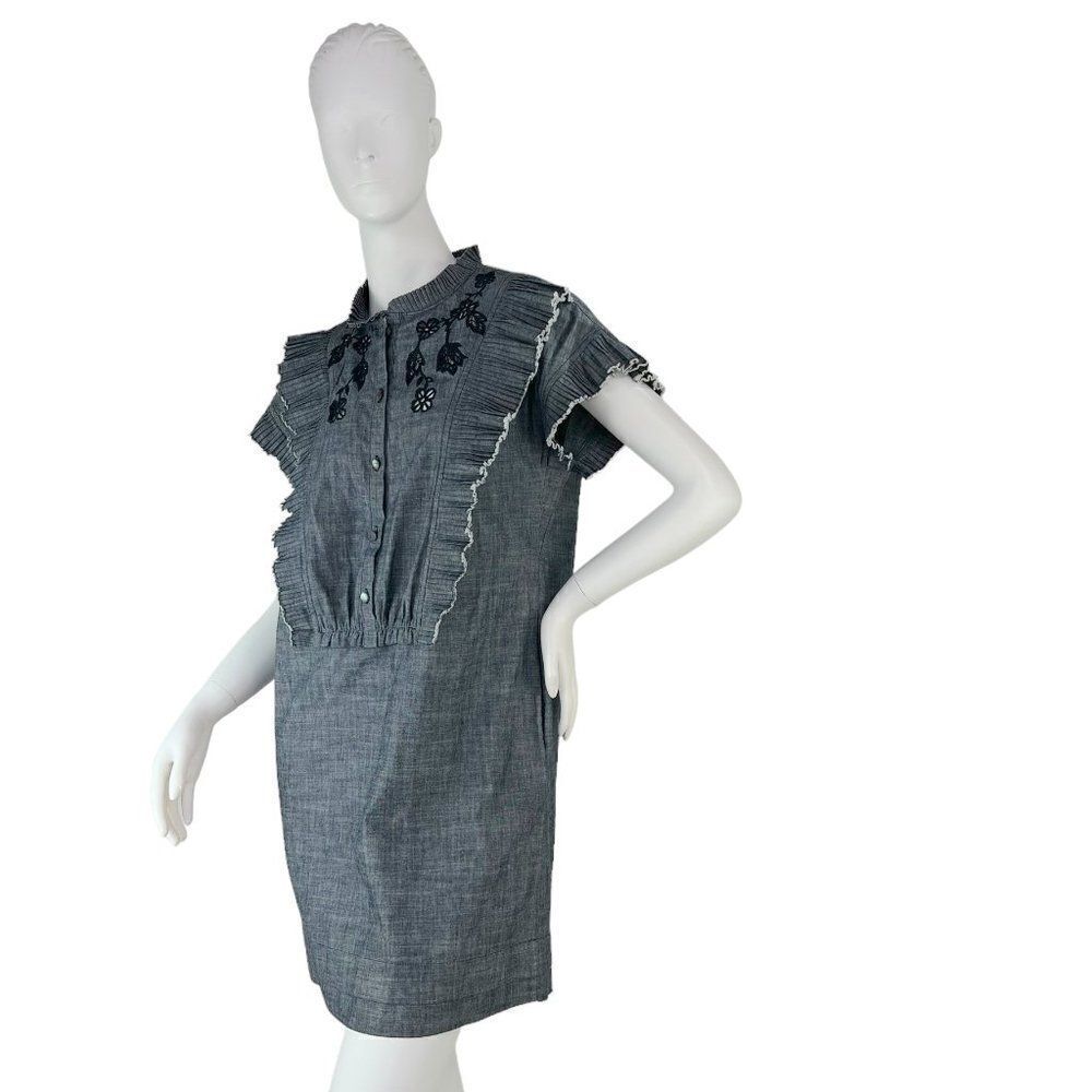 Coach Blue Chambray Short Prairie Shift Dress Broderie Anglaise Pleated Trim 4
